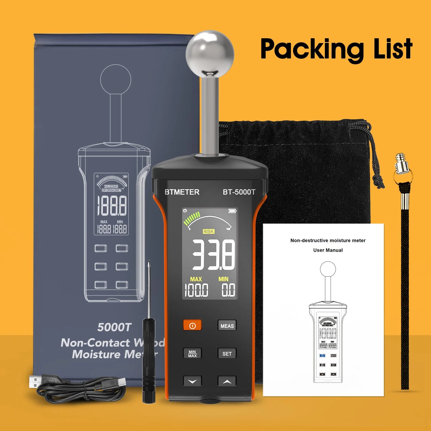 BTMETER Wood Moisture Meter - Pinless Moisture Detector Measur Depth 20-40mm Non-Destructive Moisture Tester with Masonry
