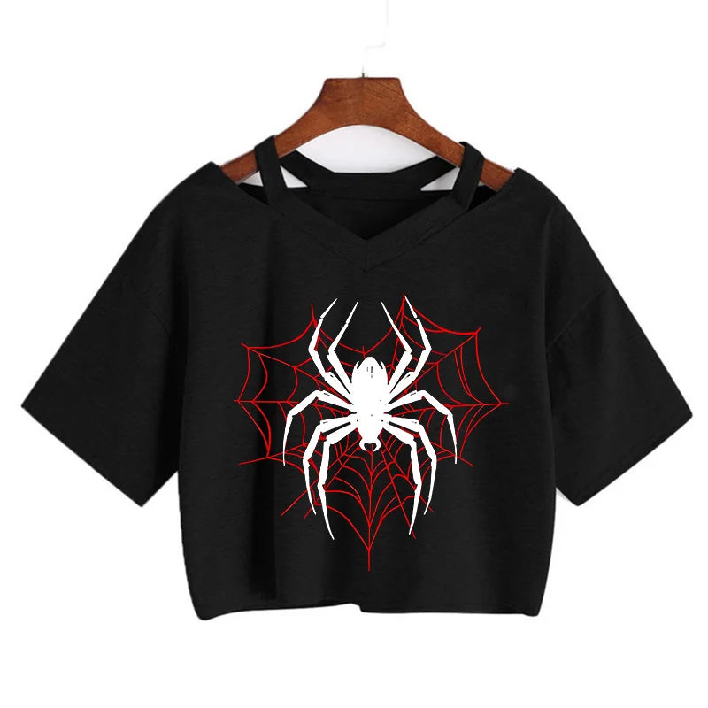 Women 's Sexy Cropped T Shirt Woman Graphic Gothic Spider Printed Tshirt Spring Summer Vintage Crop Tops 90s Clothes