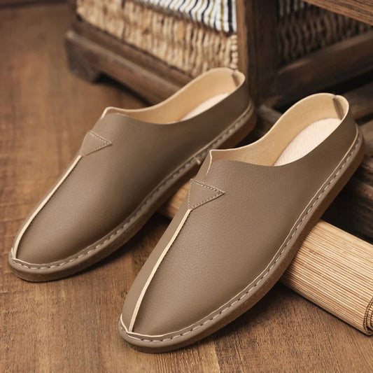 Fashion Leather Men Casual Shoes Slip on Man Loafers Breathable Soft Half Slippers Summer Flats Lightweight Lazy Driving Shoes
