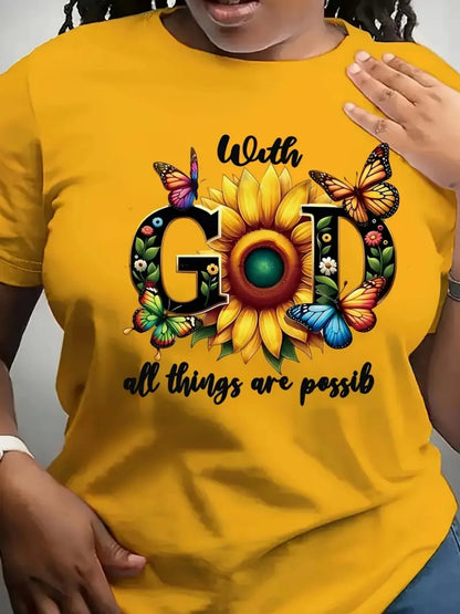 With God All Things Are Possible Women's Tee, Sunflower Butterfly Yellow Top