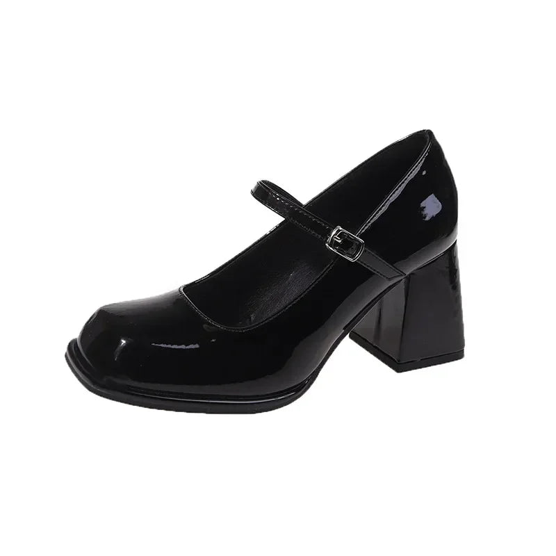 Ladies Summer Black New Small Leather Shoes Mary Janes Vintage Buckle Non-Slip Sandals Woman Medium Heels Casual Elegant Heels