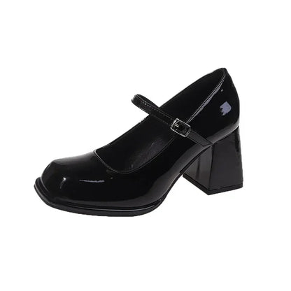 Ladies Summer Black New Small Leather Shoes Mary Janes Vintage Buckle Non-Slip Sandals Woman Medium Heels Casual Elegant Heels