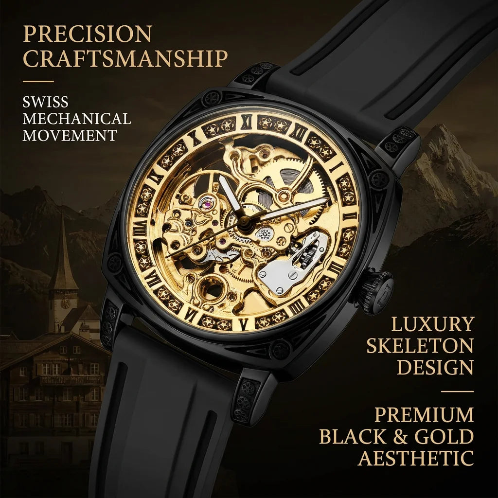 1pcs Men's gold dial silicone strap vintage fashion skeleton gear luxury details Mechanical Watch for daily business party holid