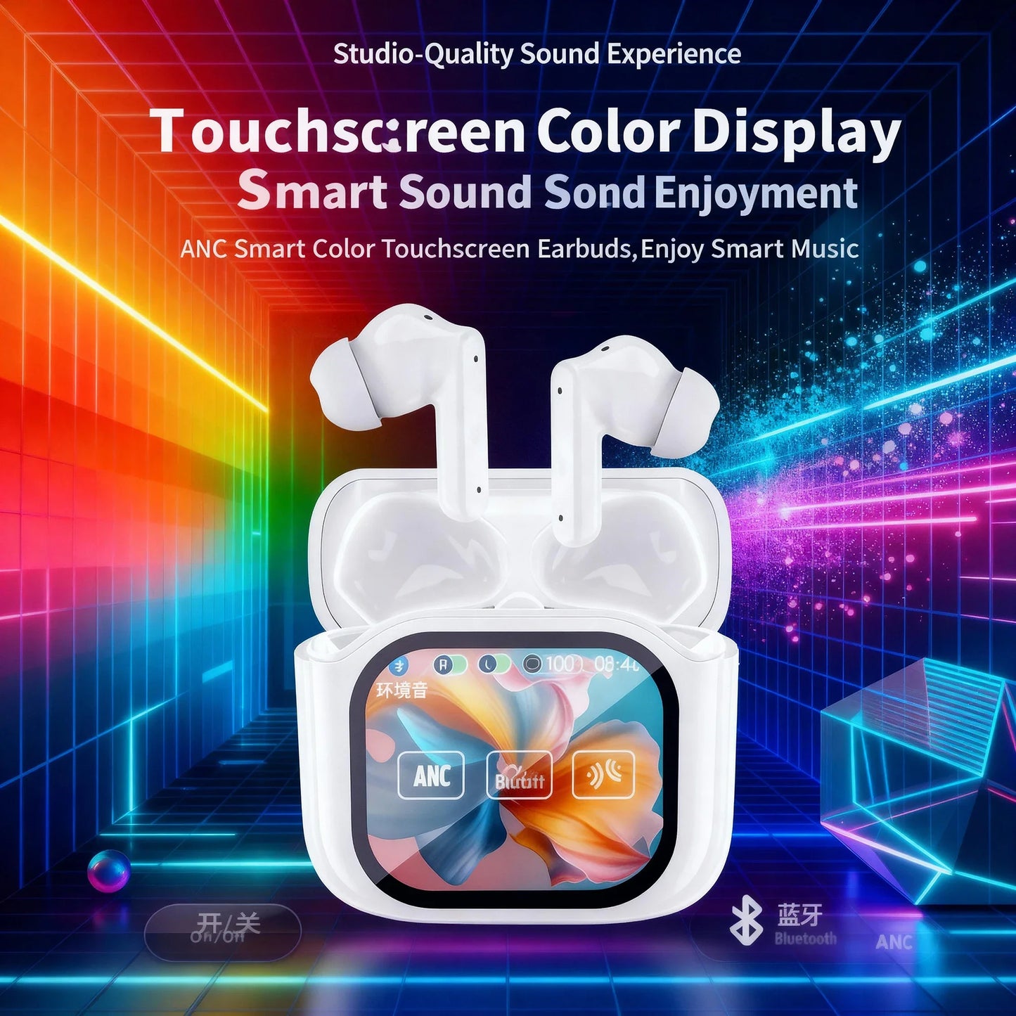 Ai Translation Wireless Earbuds with Touchscreen Charging Case, In-Ear Earphones with Microphone, Compatible with TV/Smartphone