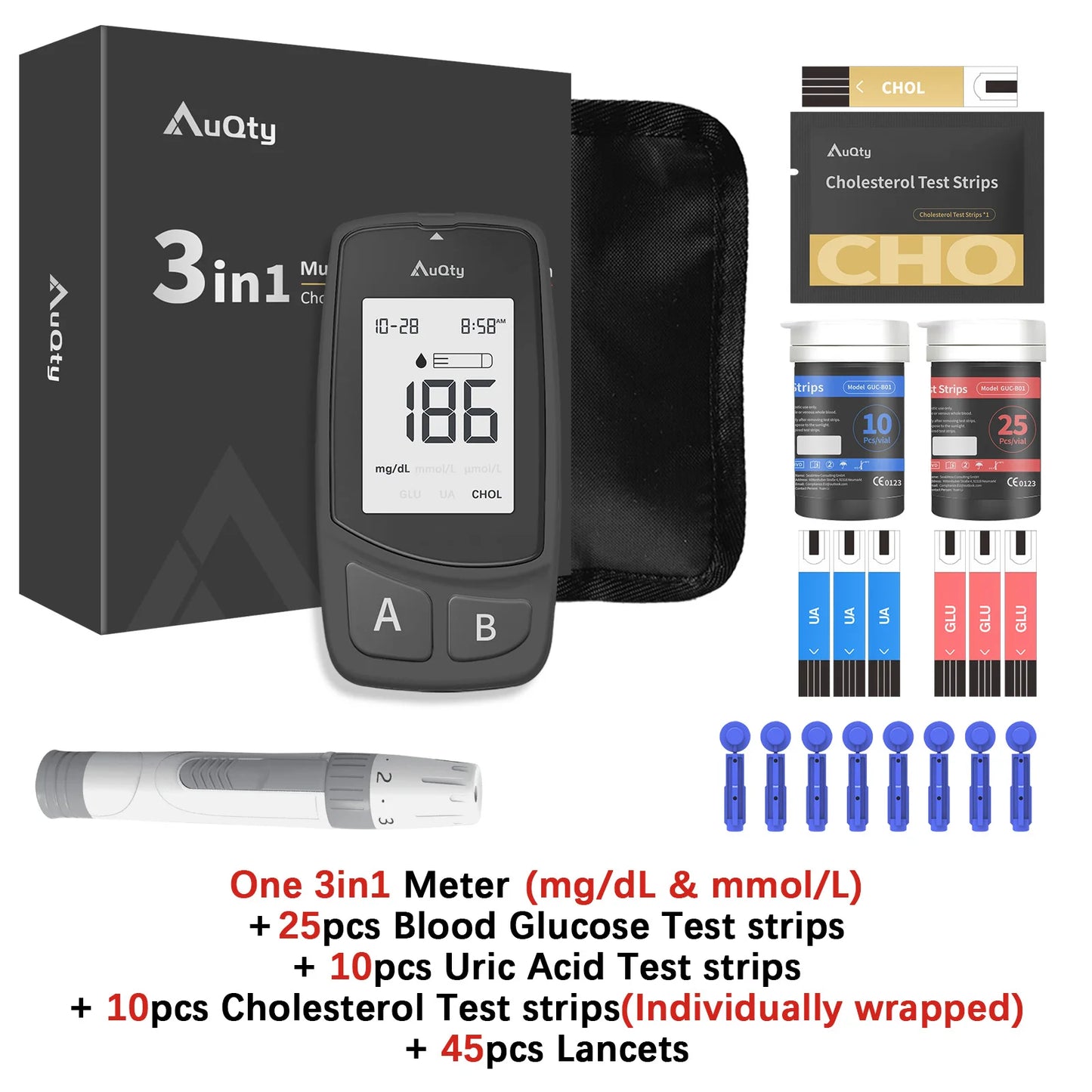 GUC 3in1 Multifunction Cholesterol Uric Acid Blood Glucose Meter Blood Sugar Test Strip Diabetes Glucometer Kit Gout Monitor
