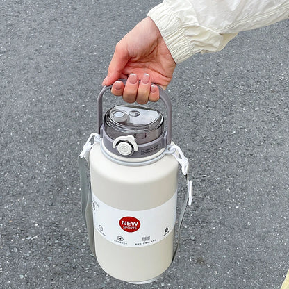 1pc 2000ml Large Capacity Stainless Steel Thermos Mug, Insulated Water Bottle with Handle & Straw, Leakproof Sports Water Jug fo