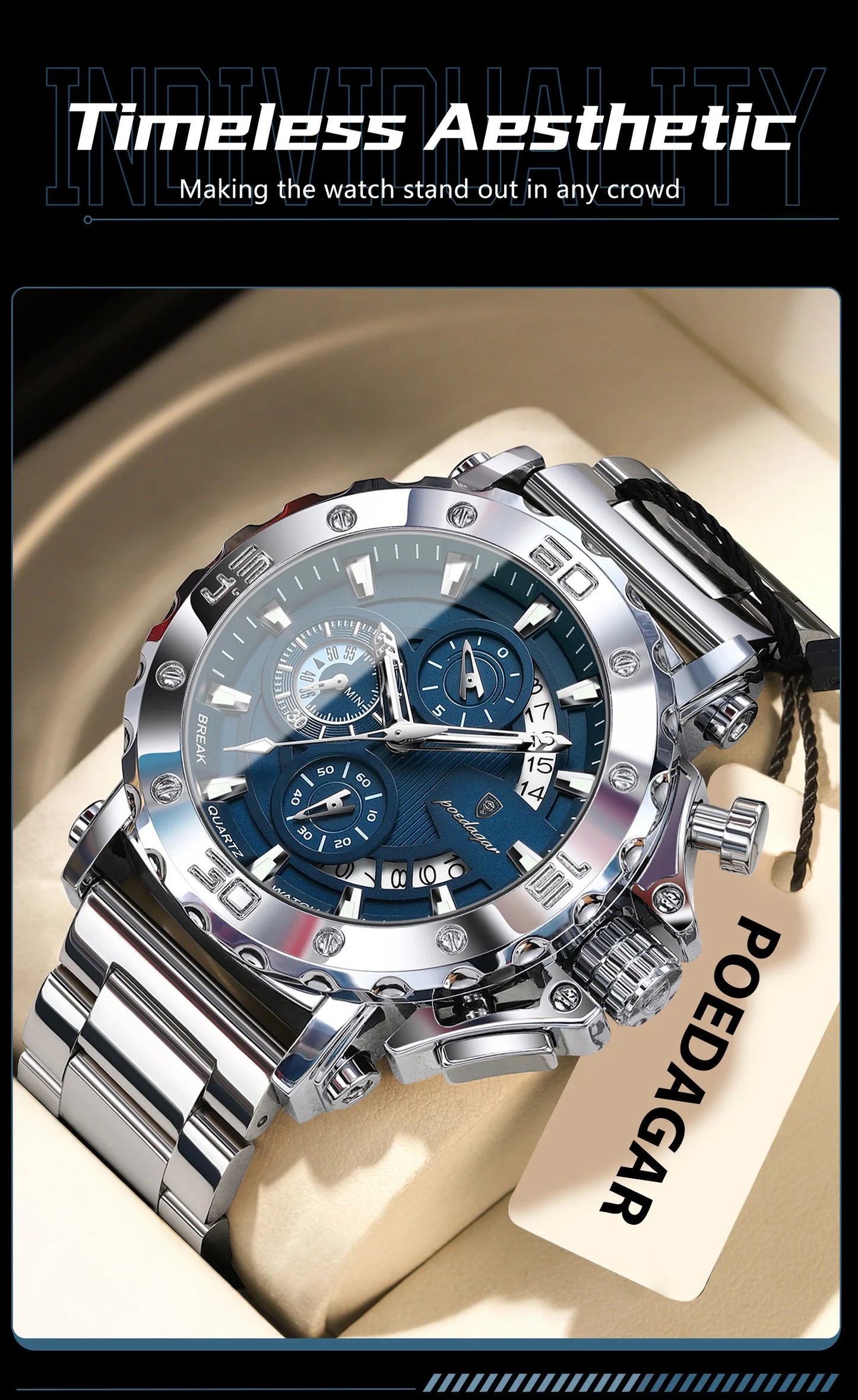 POEDAGAR Top Business Men's Wristwatch Luminous Waterproof Man Clock Chronograph Calendar Stainless Steel Quartz Watches For Men