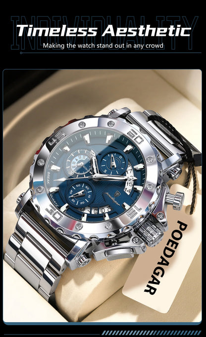 POEDAGAR Top Business Men's Wristwatch Luminous Waterproof Man Clock Chronograph Calendar Stainless Steel Quartz Watches For Men