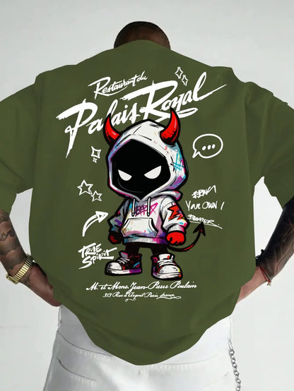 American men's summer personalized small devil letter print comfortable and breathable round neck T-shirt outdoor street top