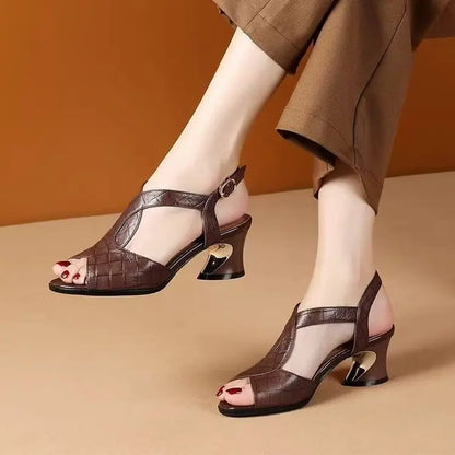 Women's Chunky Heel Sandals 2026 Summer Peep Toe Ankle Strap Buckle Comfy Soft Sole Faux Crocodile Leather Retro Office Shoes