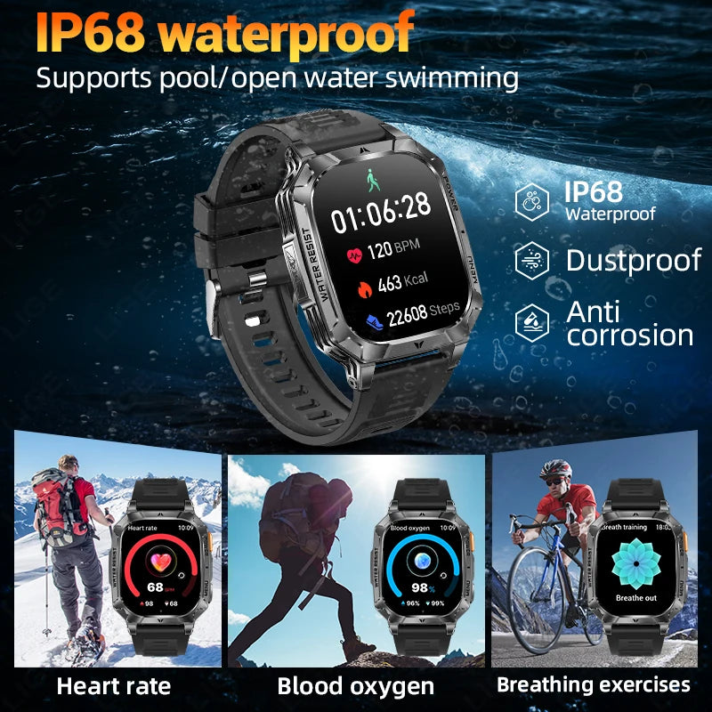LIGE 2026 Military Grade 1400mAh Battery Smart Watch Men 2.01" HD Screen IP68 Waterproof Sport Fitness Bluetooth Call Smartwatch