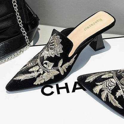 Elegant Embroidered Velvet Mule Heels Pointed Toe Cone Heel Slip-on Footwear for Occasions
