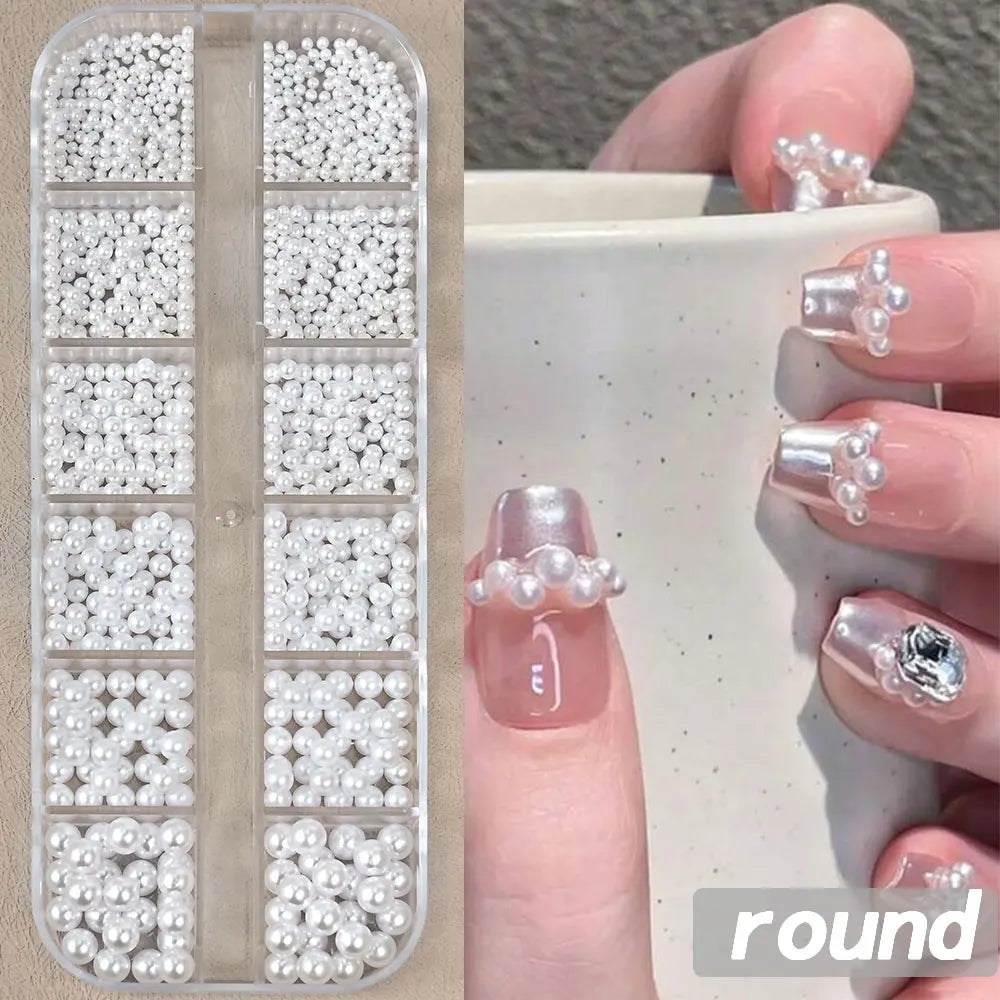 12grids Half Round Pearls Beads 3D Nail Charms 1.5/2/2.5/3/4/5mm White Flatback Pearls Nail Jewelry Nail Craft Pearl Rhinestones