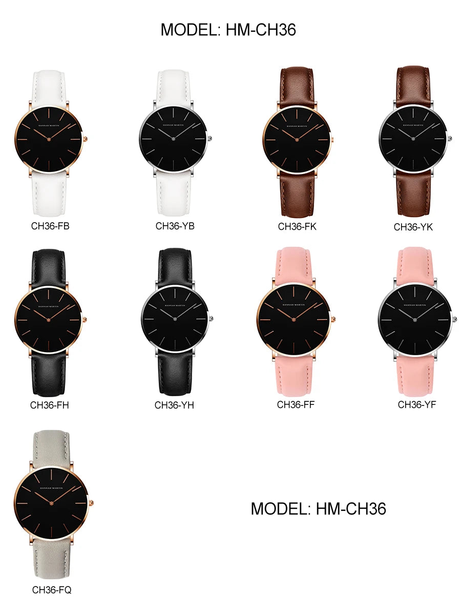 Hannah Martin Hot New Ms Fashion Simple Quartz Movement Watch High Quality Leather Strap Waterproof Lady Watch Relogio Feminino