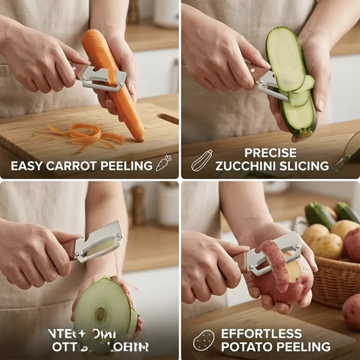 Multifunctional Vegetable Peeler with Sharp Stainless Steel Swivel Blade Wooden Handle and Bottle Opener for Kitchen Fruits