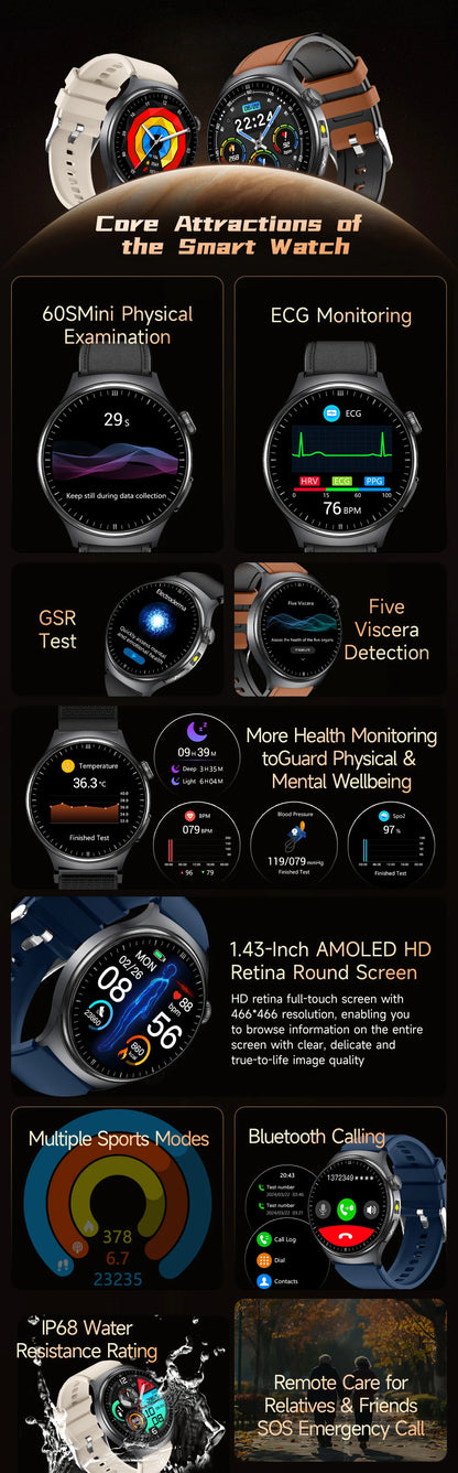 2026New Nursing Grade Health Smartwatches For Men Women Precision Detection Heart Rate Blood Fats Uric Acid ECG+PPG Smart Watch