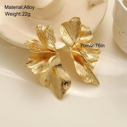 Stainless Steel Golden Double Layered Five Petal Flower Earring for Women Vintage Stripe Flower Dangle Earrings Jewelry Gifts
