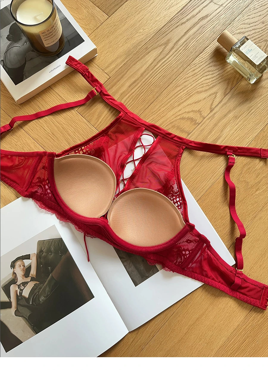 Luxury French Lace Halter Bra Small Chest Push-Up Sheer Bralette Seductive Allure Black Lingerie Set Wire-Free Comfort MOYISU AB