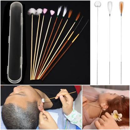 6/8/10PCS Bamboo Handle Goose Feather Earpick Stainless Steel Spoon Cleaner Wax Cleaner Tool Stick Design Ear Massage Set