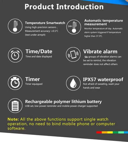 TESDINE Charging Vibration Reminder Silent Alarm Clock Temperature Measurement Waterproof Smart Watch