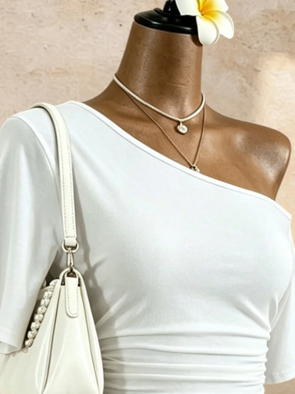Women One Shoulder Short Sleeve Side Ruched Cropped T Shirt 2026 Summer Y2K Going Out Casual Streetwear Tops