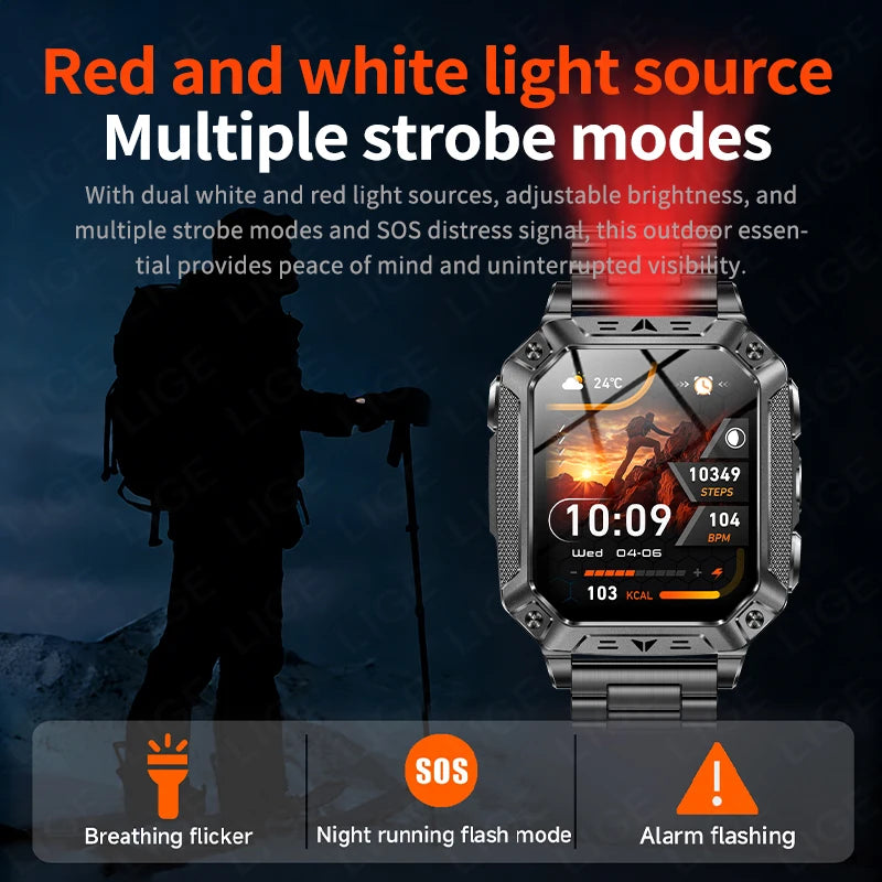 LIGE Wojskowy Inteligentny Zegarek 2.01'' Ekran HD Outdoor Sportowy Męski Zegarek SOS Czerwony Alarm Migająca Latarka Monitor Zdrowia Smartwatch