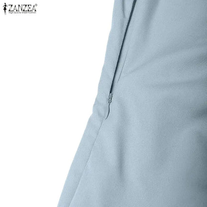 ZANZEA Elegant vColor-Blocked Bodycon A-Line Midi Dress Lapel Collar Short Puff Sleeves Ruched Waist Office Work Vestidos