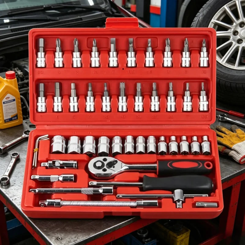 46Pcs 1/4 Inch Socket Tool Kit, Red Ratchet Wrench Combo, Portable Auto Repair Set for Car Maintenance and Mechanic Daily Use