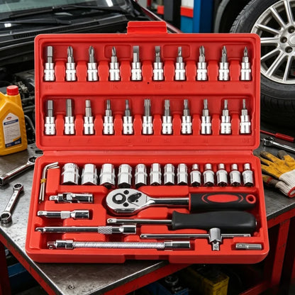 46Pcs 1/4 Inch Socket Tool Kit, Red Ratchet Wrench Combo, Portable Auto Repair Set for Car Maintenance and Mechanic Daily Use