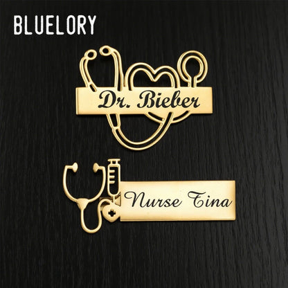 Bluelory Custom Engraved Name Stethoscope Brooch Stainless Steel Lapel Pin Fashionable Chest Accessory Badge Entry Gifts
