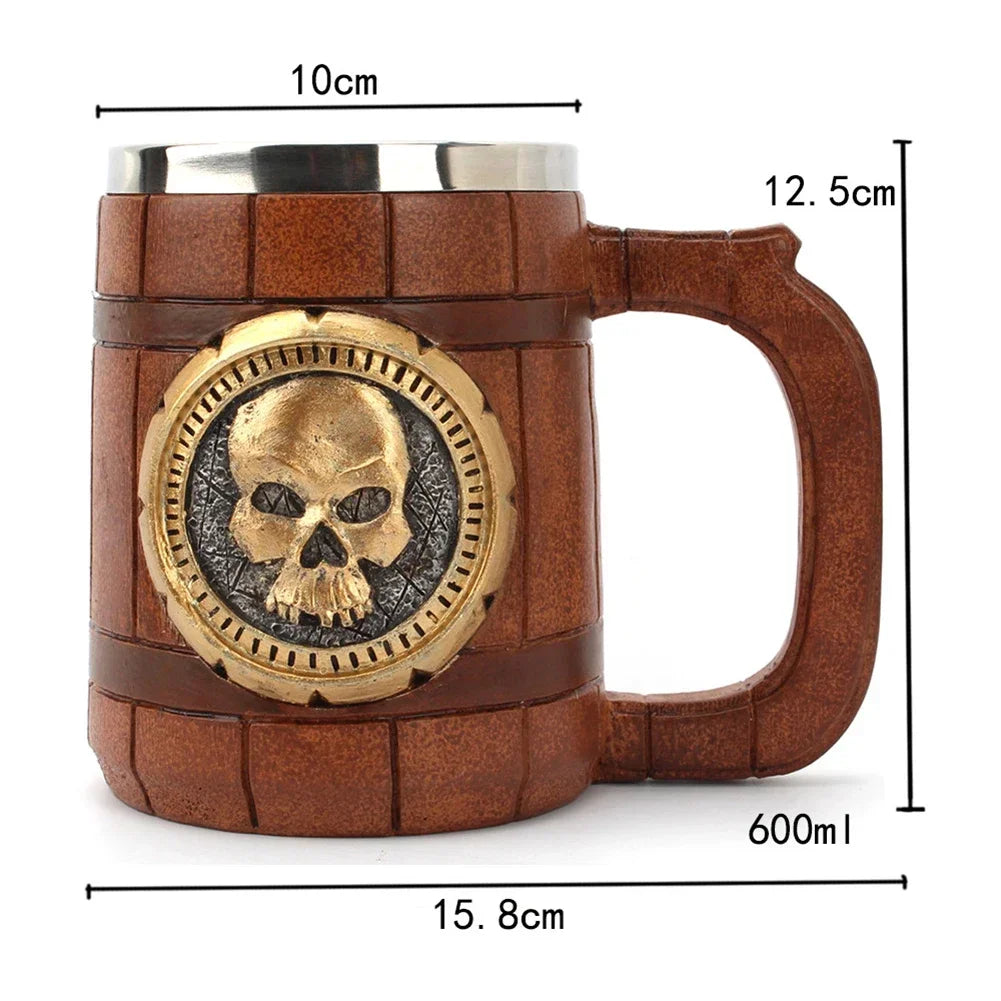 Viking Wood Style Beer Mug, Simulated Wooden Barrel Double Wall Metal Insulated Cup, 1Pc Bar Drinking Mug