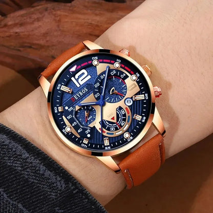 2PCS Set Luxury Brown Mens Quartz Watches Fashion Male Business Casual Wristwatch with Bracelet