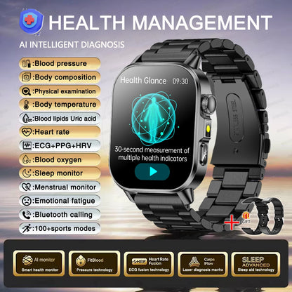 2026 New Accurate Diagnosis Smart Watch ECG Blood oxygen BP Uric acid Lipids Health HD AMOLED Screen call Smart watch Men Women