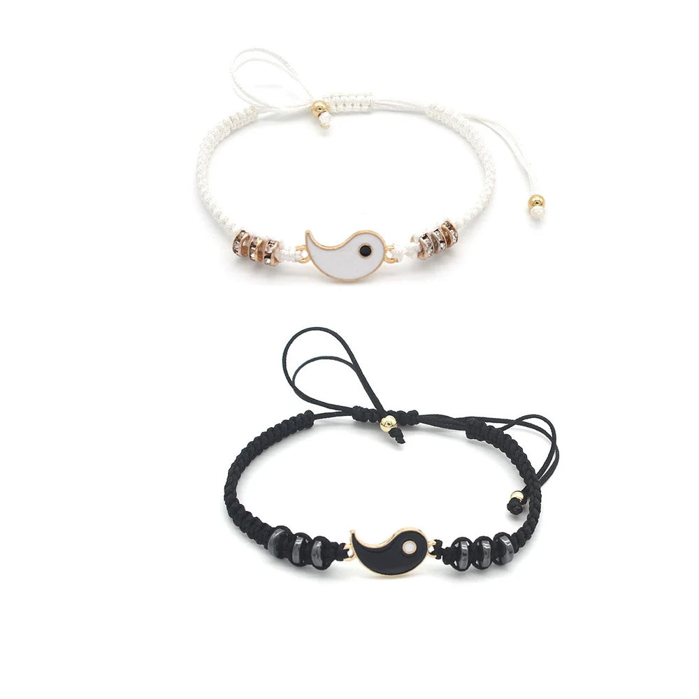 Couple Bracelets Rings Yin Yang Tai Chi Alloy Pendant Adjustable Braid Chain Necklace Matching Lover Bracelet Necklace Earring