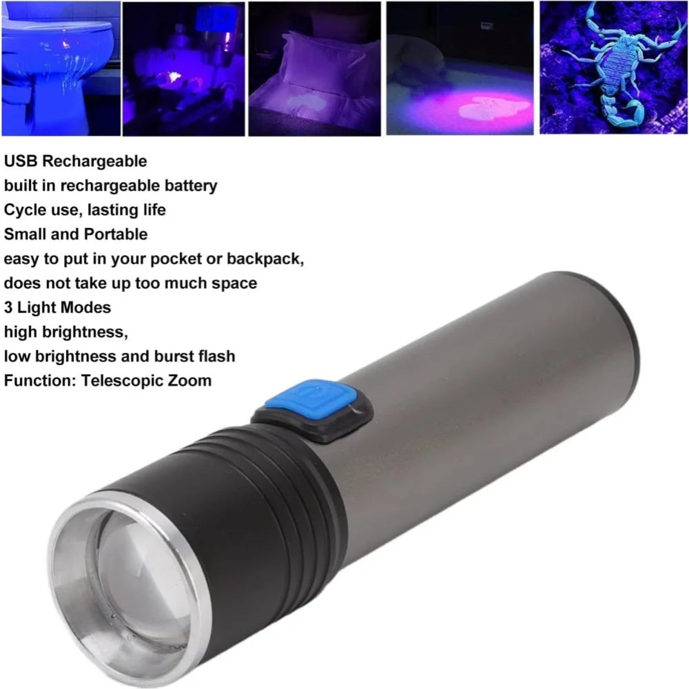 USB Rechargeable 365nm UV Flashlight Aluminum Portable Ultraviolet Light Torch Black Light Pet Urine Detector Black Flashlights