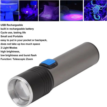 USB Rechargeable 365nm UV Flashlight Aluminum Portable Ultraviolet Light Torch Black Light Pet Urine Detector Black Flashlights