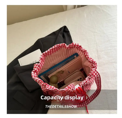 Cute Plaid Cotton Tote Bag Large Capaci Lace Trim Women's Summer 2026 Simple Lady Handbag Soft Shoulder Bags Bolsa Feminina