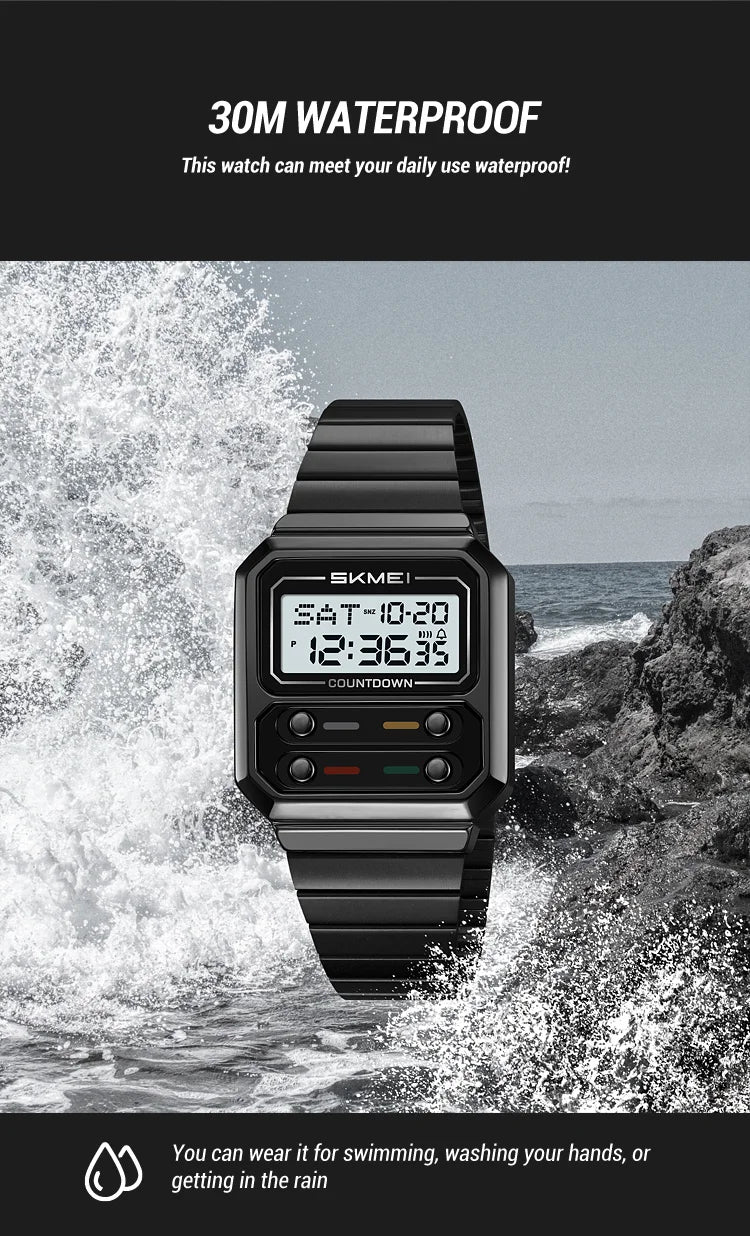 SKMEI 2448 Fashion Men Electronic Watch Vintage Business Luminous Calendar Waterproof Steel Strap Casual Digital Watches for Man