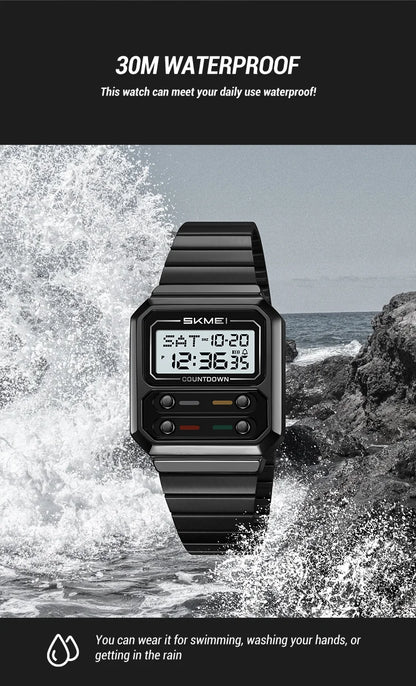 SKMEI 2448 Fashion Men Electronic Watch Vintage Business Luminous Calendar Waterproof Steel Strap Casual Digital Watches for Man