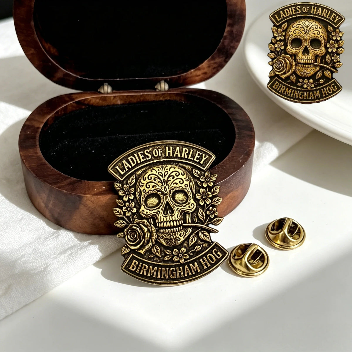 Custom Logo Metal Badge Personalized Vintage Gothic Pin Stainless Steel Jewelry for Motorcycle Club Women Gifts