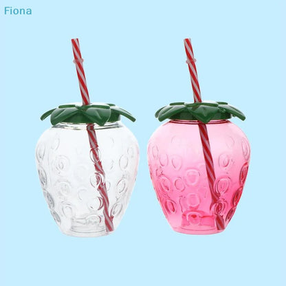 ✔Strawberry Shaped Plastic Cup With Straw Cute Water Bottle Portable Drinking Cup Beverage Cups For Summer Party Home Use