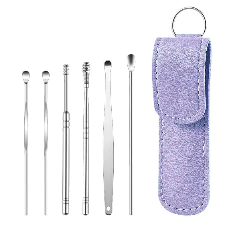 6Pcs/Set Stainless Steel Ear Cleaner Portable Ear Spoons Spiral Earwax Cleaning Removal Tools Reusable Earpick Beauty Accessory