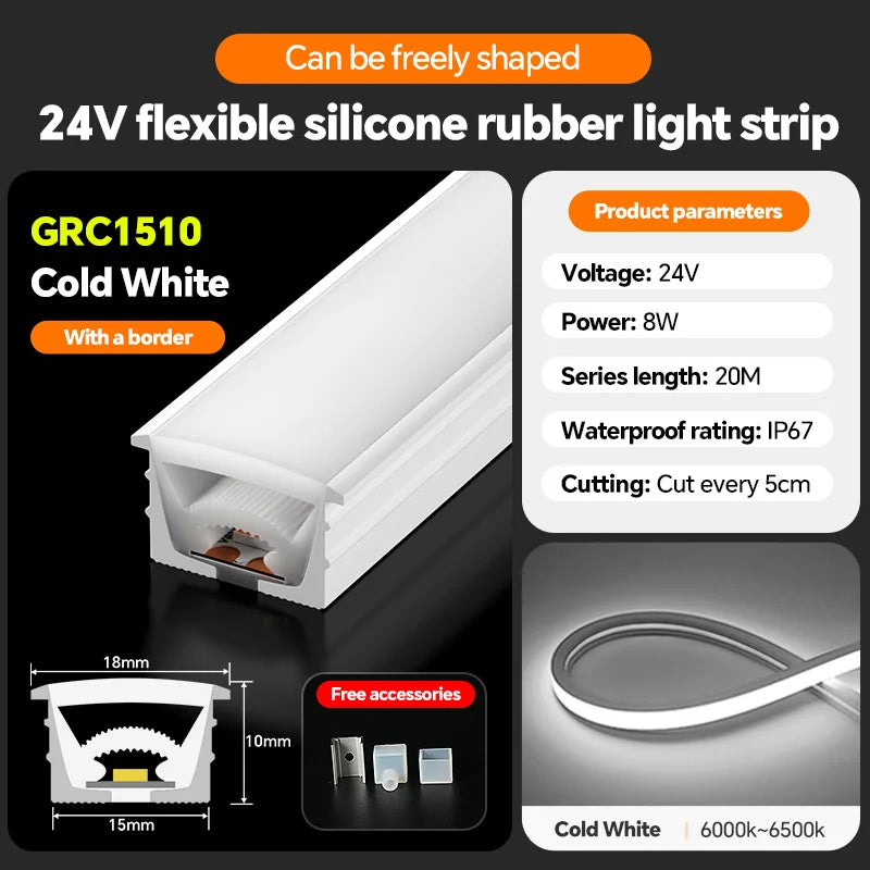 LED flexible silicone light strip embedded 24V waterproof tubing linear lamp concealed installation flexible soft light strip