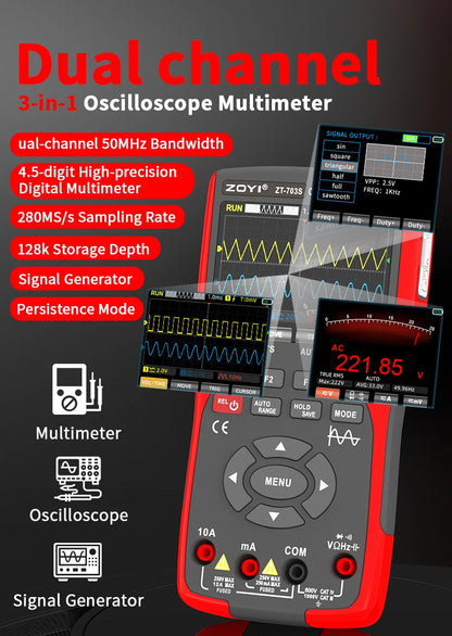 ZOYI 3-in-1 digital multimeter 50MHz bandwidth 280MS rate PC waveform data storage dual oscilloscope signal generator auto repai