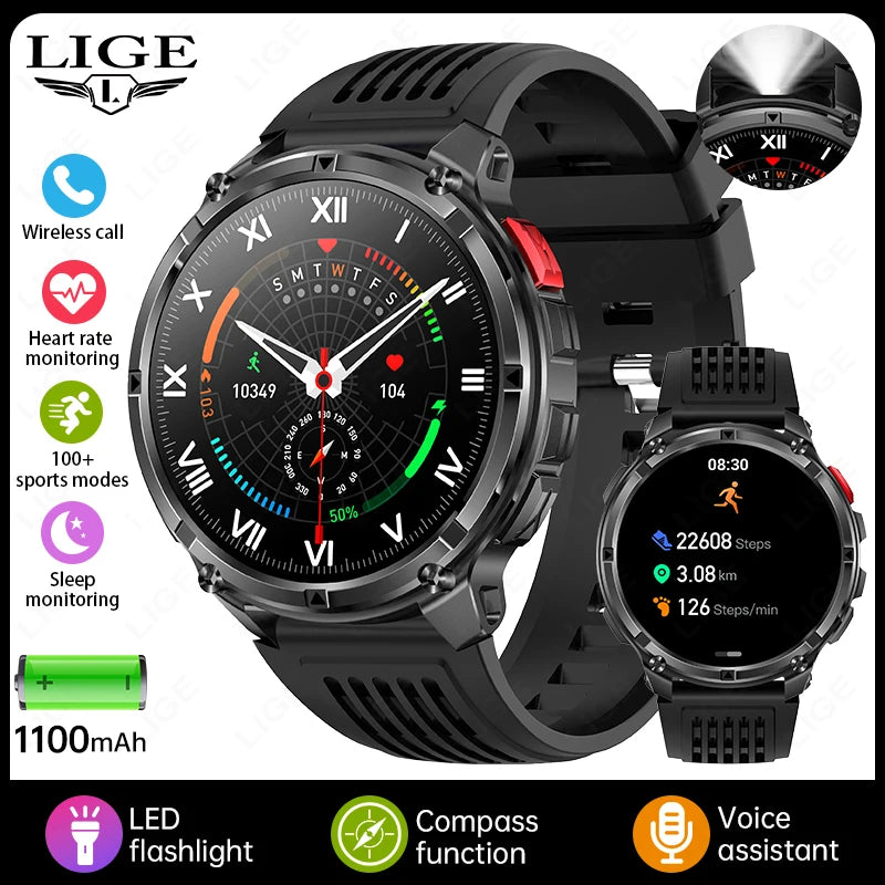LIGE Smart Watch 2026 Gorąca Sprzedaż 1100mAh Wojskowy Wodoodporny Kompas Latarka LED Tryby Sportowe Męski Smartwatch Dla Android iOS