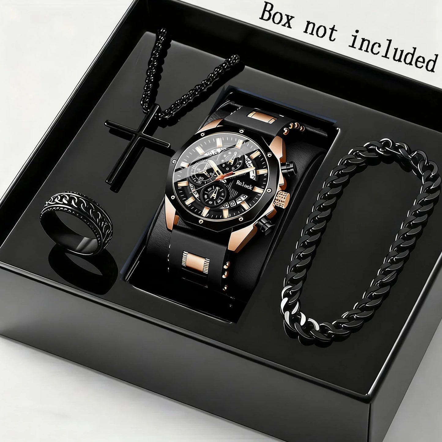 Four piece fashionable men's watch set, business casual men's bracelet, cross necklace, luxury watch