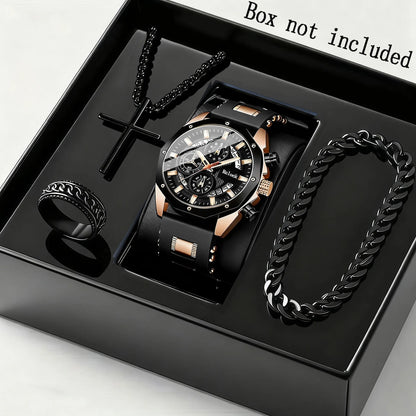Four piece fashionable men's watch set, business casual men's bracelet, cross necklace, luxury watch