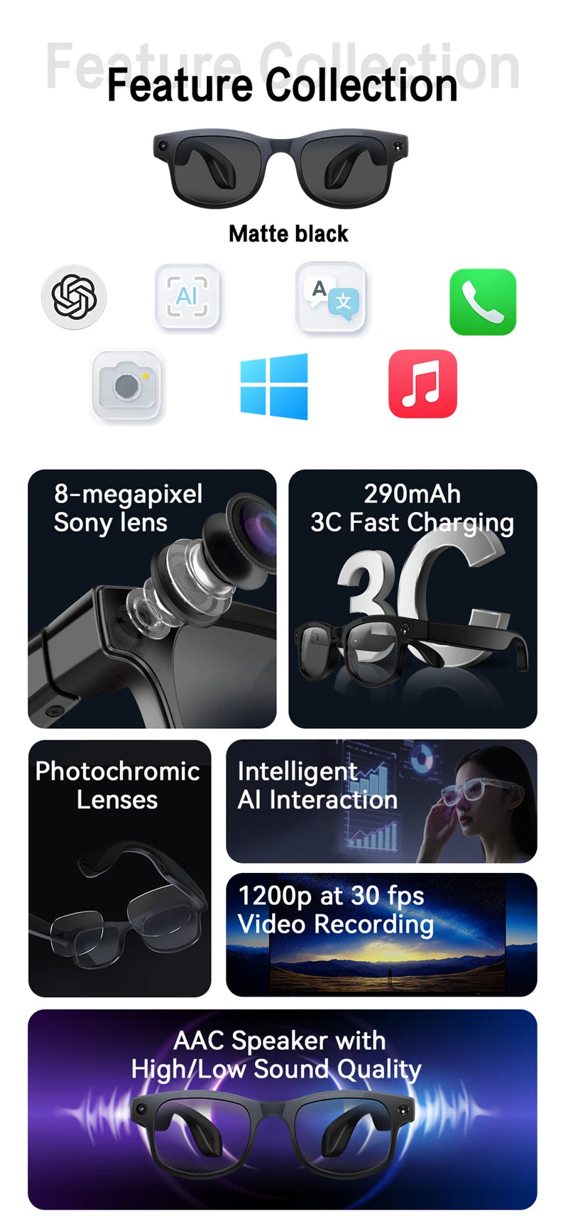 4K HD 800W Pixel Camera Smart Glasses Video Recording AI Photo Recognition Bluetooth Call Voice Translation Sunglasses
