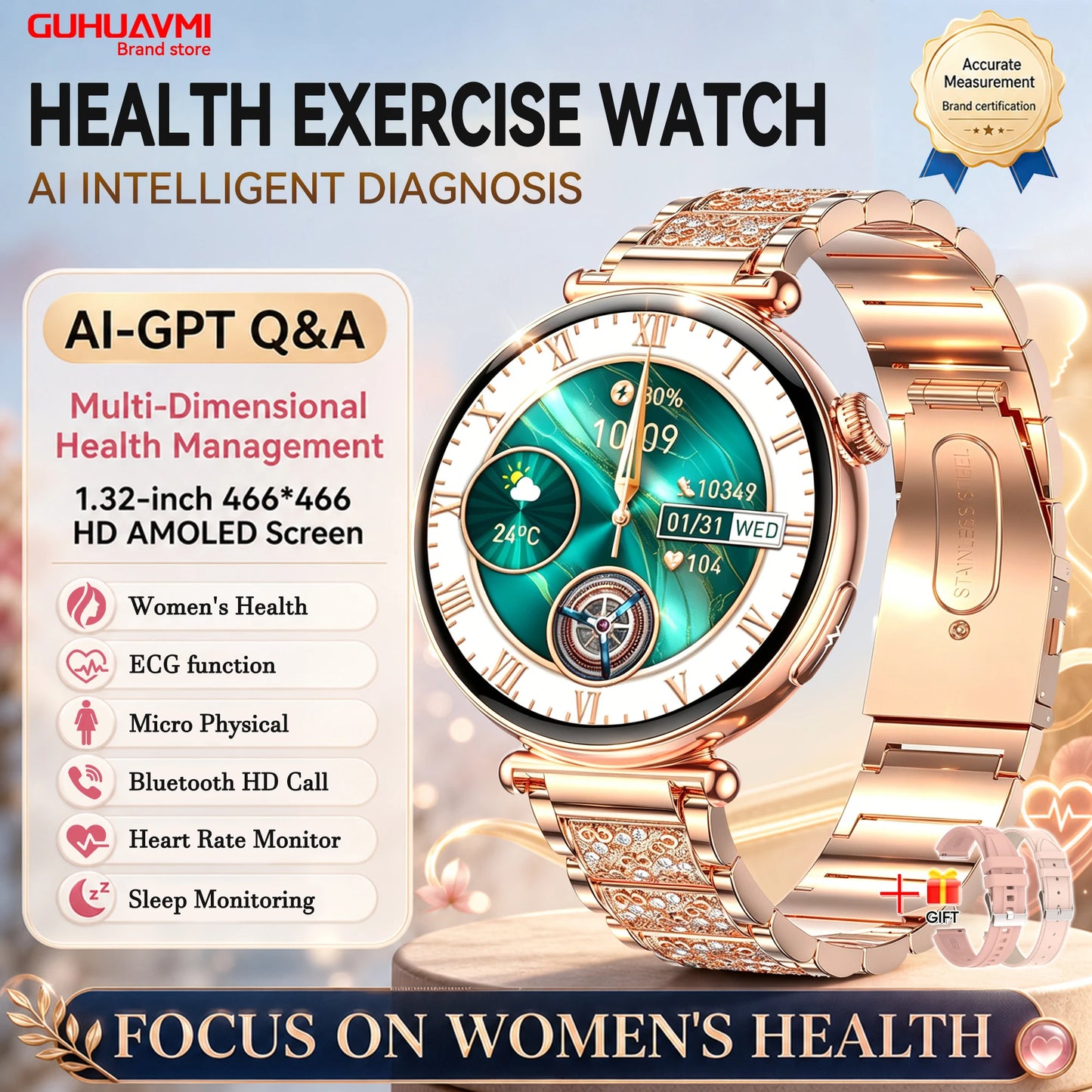 2026 New Women's Health Care Smartwatch ECG Blood Pressure Uric Acid Blood Lipids Sports IP68K Bluetooth call Fashion Smartwatch