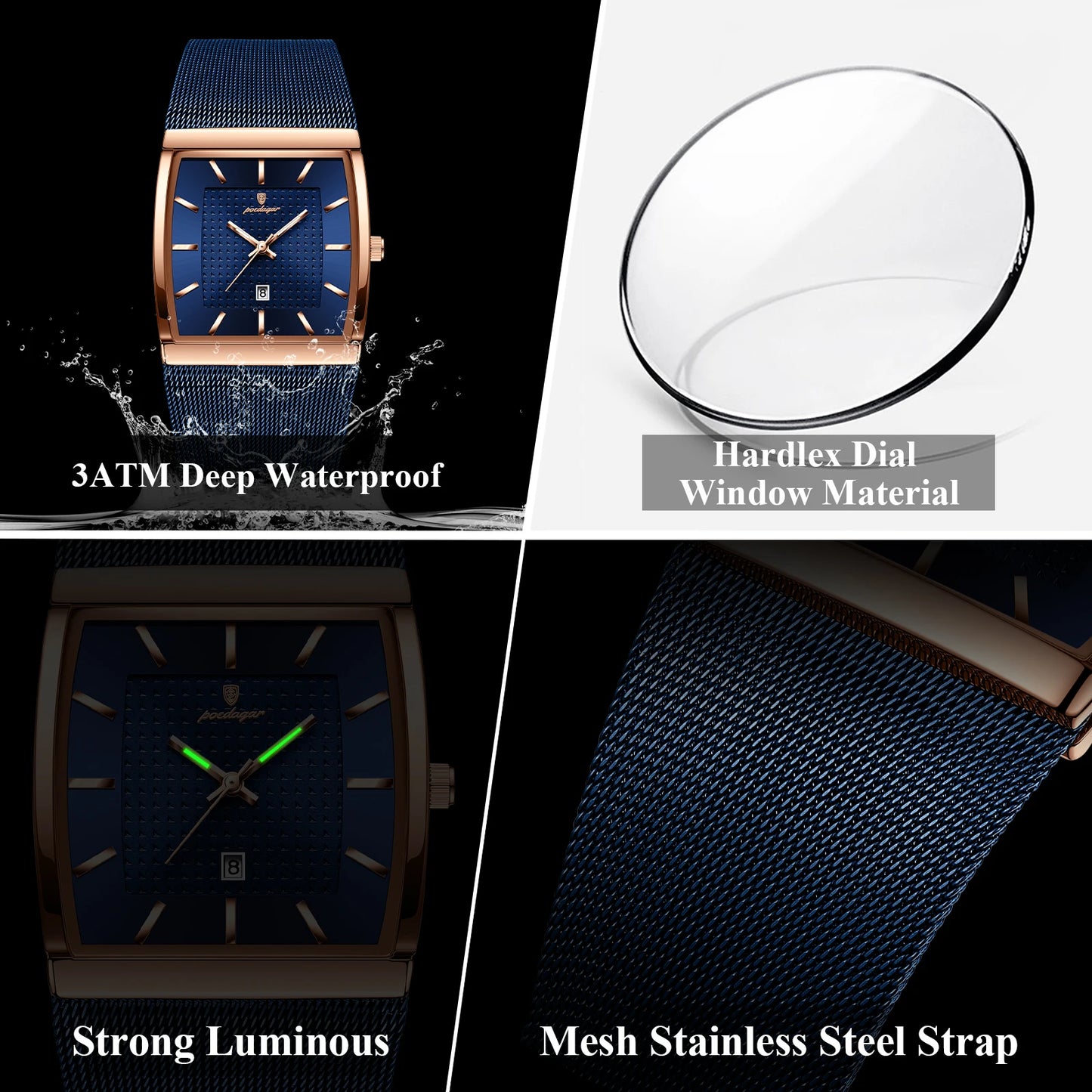 POEDAGAR Original Luxury Men's Wristwatch Stainless Steel Mesh Waterproof Luminous Date Man Watch Fashion Quartz Watches For Men